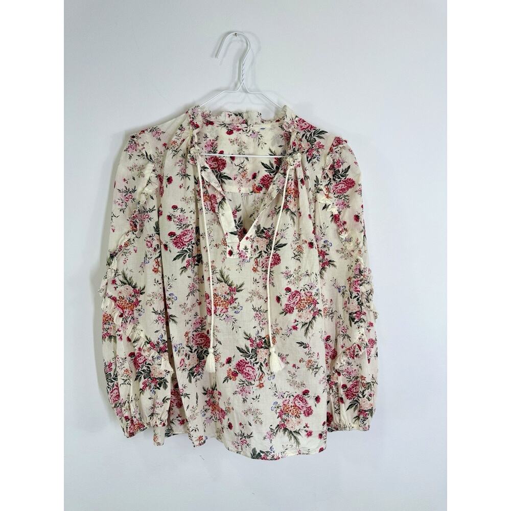 Lucky Brand Womans Top Boho Peasant Blouse pink red Floral V Neck LS Size M